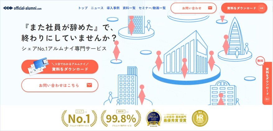 株式会社ハッカズークは、アルムナイ専用クラウドシステムOfficial-Alumni.comを提供している。企業が効率よく運用できる管理機能に加えて、登録するアルムナイのメリットとなるアルムナイ同士のチャットや名簿検索、さまざまな募集ができる機能などが簡単に利用できるツールになっている。