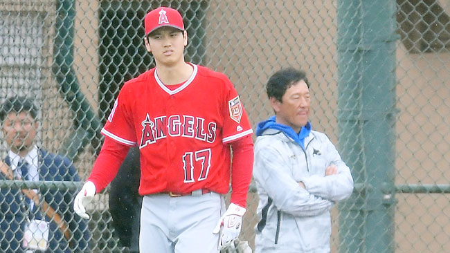 今春、日ハム栗山監督監督（右）はキャンプ地を訪れ大谷の打撃練習をチェックした