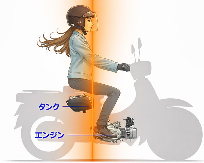 スーパーカブは、乗る人、燃料タンク、エンジンなど重量物を車体中心にほぼ縦一列に配置している車体パッケージのが特徴。これにより、軽快に車体を取り回せる（ホンダ提供資料を元に、編集部で作成）
