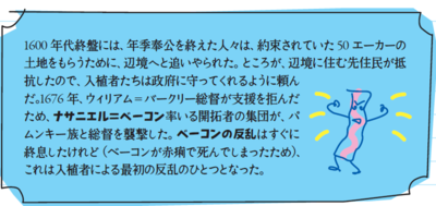 1600年代終盤には、年季奉公を終えた人々は、約束されていた50エーカーの土地をもらうために、辺境へと追いやられた。ところが、辺境に住む先住民が抵抗したので、入植者たちは政府に守ってくれるように頼んだ。1676年、ウィリアム＝バークリー総督が支援を拒んだため、ナサニエル＝ベーコン率いる開拓者の集団が、パムンキー族と総督を襲撃した。ベーコンの反乱はすぐに終息したけれど（ベーコンが赤痢で死んでしまったため）、これは入植者による最初の反乱のひとつとなった。
