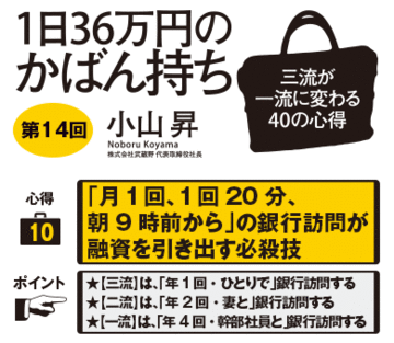 「月1回、1回20分、朝9時前から」の銀行訪問が融資を引き出す必殺技★【三流】は、「年1回・ひとりで」銀行訪問する★【二流】は、「年2回・妻と」銀行訪問する★【一流】は、「年4回・幹部社員と」銀行訪問する