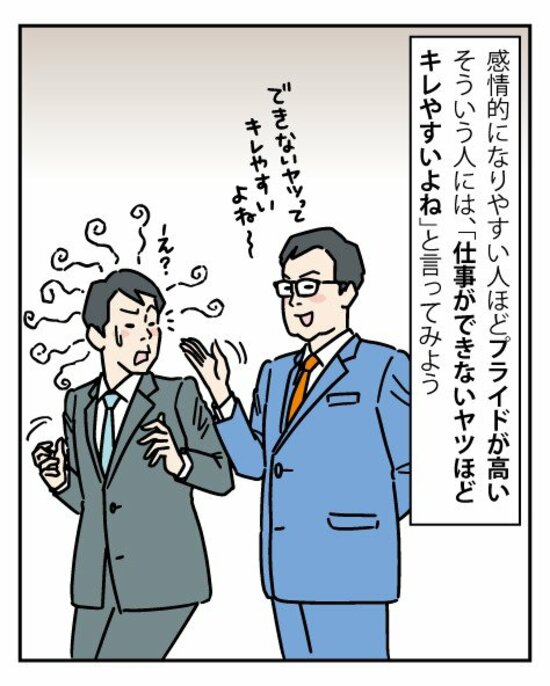 そんな問題児をコントロールのに、効果抜群なひと言がある。それは、「仕事ができないヤツほどキレやすいよね」だ。
感情的になりやすい人ほどプライドが高いから、このセリフを言われるとグサッとくる。