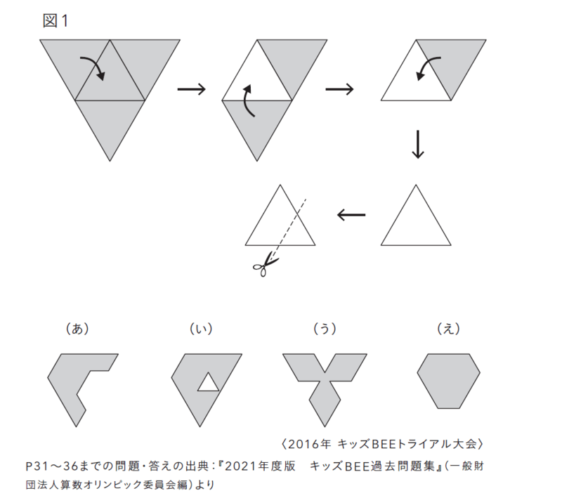 小3が算数オリンピックで解いている問題に挑戦！】正三角形を折りたたんだ後、点線のところからハサミで切って広げると？ | 「算数力」は小3までに育てなさい  | ダイヤモンド・オンライン