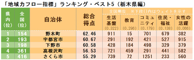 「地域力フロー指標」ランキング・ベスト5(栃木県編)
