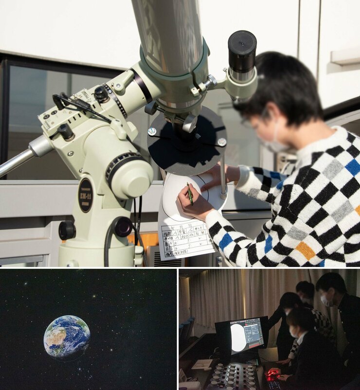手作業で記録する太陽黒点の観測（上）。プラネタリウムでは、天体の動きを自在に操作できる（下）