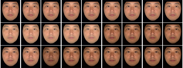 同じ顔写真で明度と赤、黄の度合いを変えた27パターンを作る。