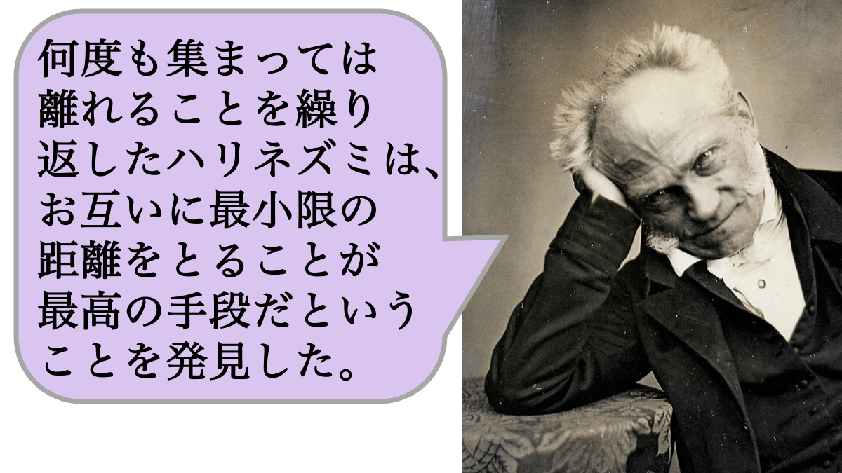 何度も集まっては離れることを繰り返したハリネズミは、お互いに最小限の距離をとることが最高の手段だということを発見した。