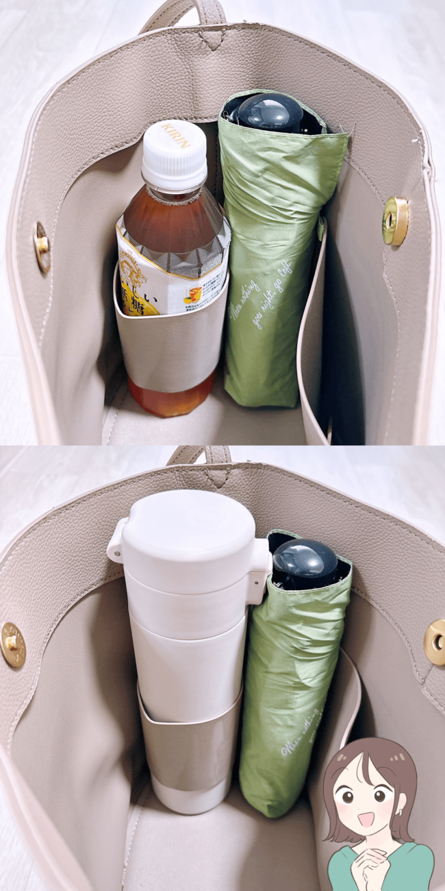 3COINSの「荷物がたっぷり入るショルダーバッグ」ペットボトルを立てて収納できて便利！シンプルだから長く愛用できそうです！《購入レビュー》