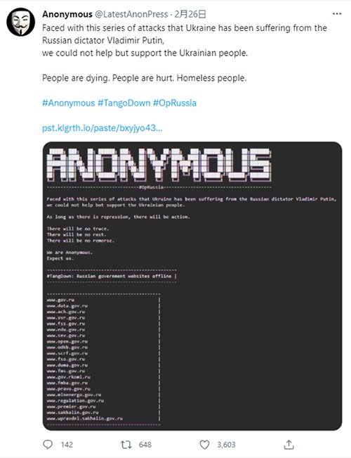ロシアへのサイバー攻撃を宣言する国際ハッカー集団アノニマスのツイート。「ウクライナはプーチン大統領によるロシアの攻撃に苦しめられている。我々はウクライナの人々を支援せずにはいられない。人々が死に、ホームレスが傷ついている」