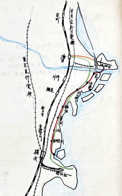 運輸省への申請書類に記された蒲田・横浜への路線図（国立公文書館）