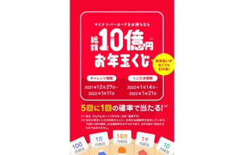 「PayPay」の「総額10億円お年玉くじ」で最大10万円相当のPayPayボーナスが当たる! キャンペーンのミッションを達成して“くじ引き”の回数を増やそう!