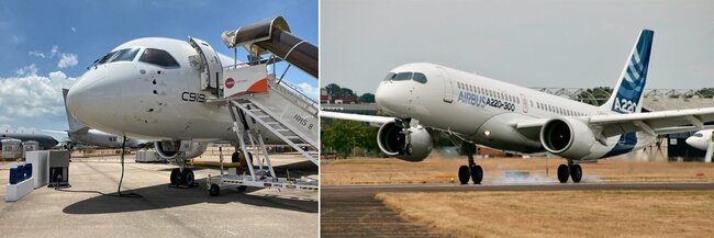 特に機首部で似ているC919(左)とエアバスA220