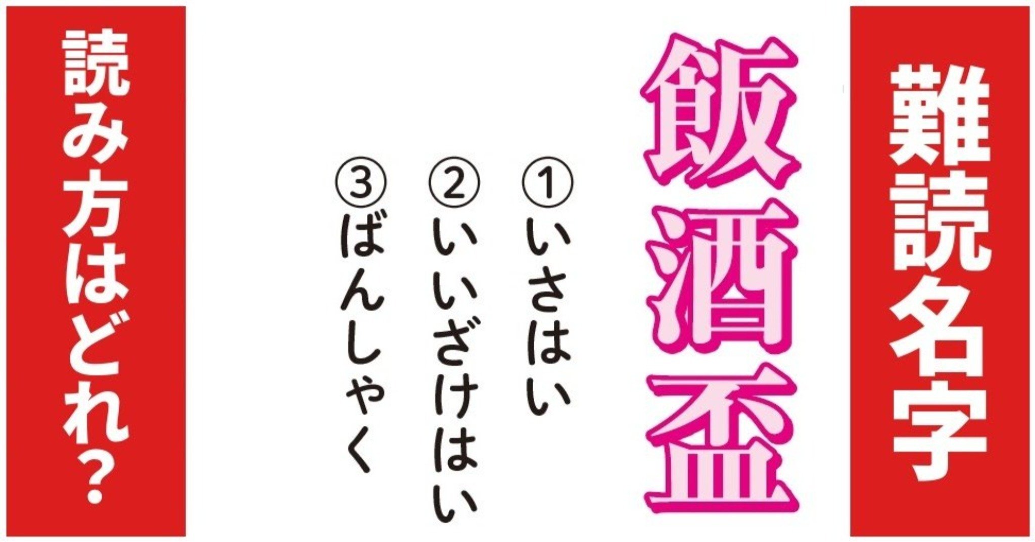 【難読名字】読み方はどれ？「飯酒盃」（1）いさはい（2）いいざけはい（3）ばんしゃく