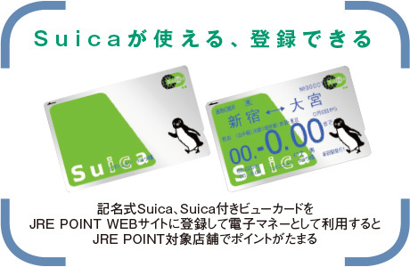 記名式Suica、Suica付きビューカードをJRE POINT WEBサイトに登録して電子マネーとして利用するとJRE POINT対象店舗でポイントがたまる