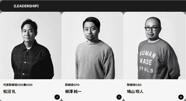 HUMAN MADEの経営陣は、ブランド構築、財務、戦略の各分野で実績を持つ。CEO兼COOの松沼礼氏はファーストリテイリングでUT事業の成長を牽引し、マーケティングに精通する。CFOの柳澤純一氏は公認会計士としてIPOやM&Aなどに携わってきた財務の専門家だ。CSOの鳩山玲人氏は三菱商事、サンリオで戦略・海外展開を主導し、複数の上場企業で社外取締役を歴任。グローバル成長を支える布陣が整う。（HUMAN MADE公式ホームページより）