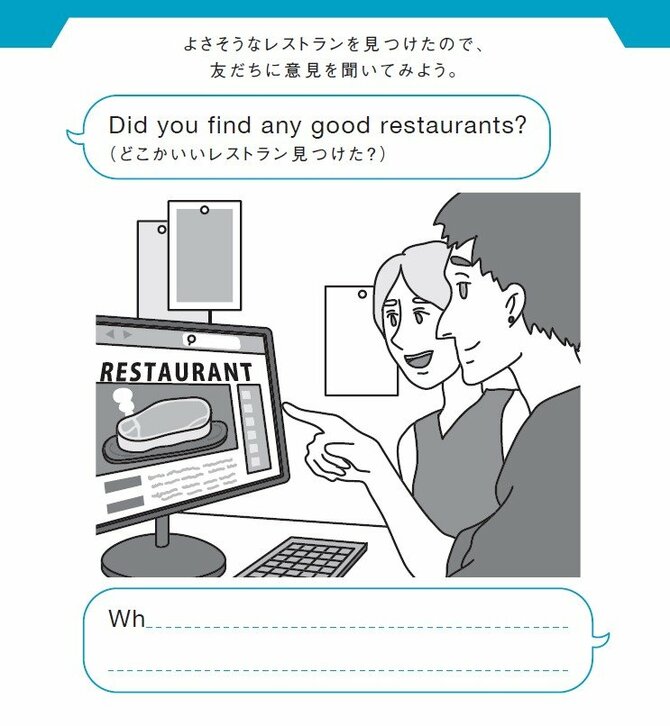 よさそうなレストランを見つけたので、友だちに意見を聞いてみよう。
Did you find any good restaurants?
（どこかいいレストラン見つけた？）
Wh___________________________________?