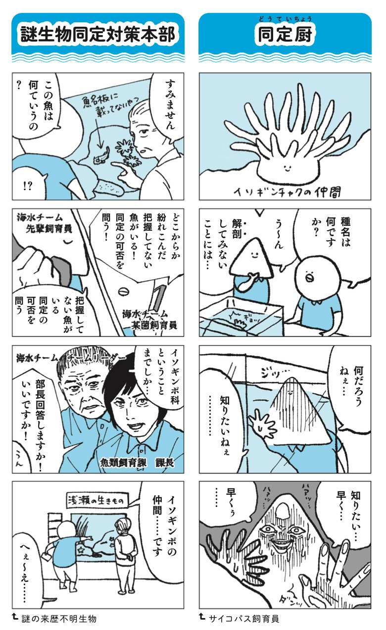 四コマ漫画：魚名板の裏には同定厨や同定対策本部が活躍しているのだ