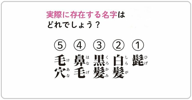実際に存在する名字はどれでしょう？（1）髭（2）白髪（3）黒髪（4）鼻毛（5）毛穴
