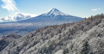 ドローンで見る日本の絶景、冬景色の三ツ峠から望む富士山