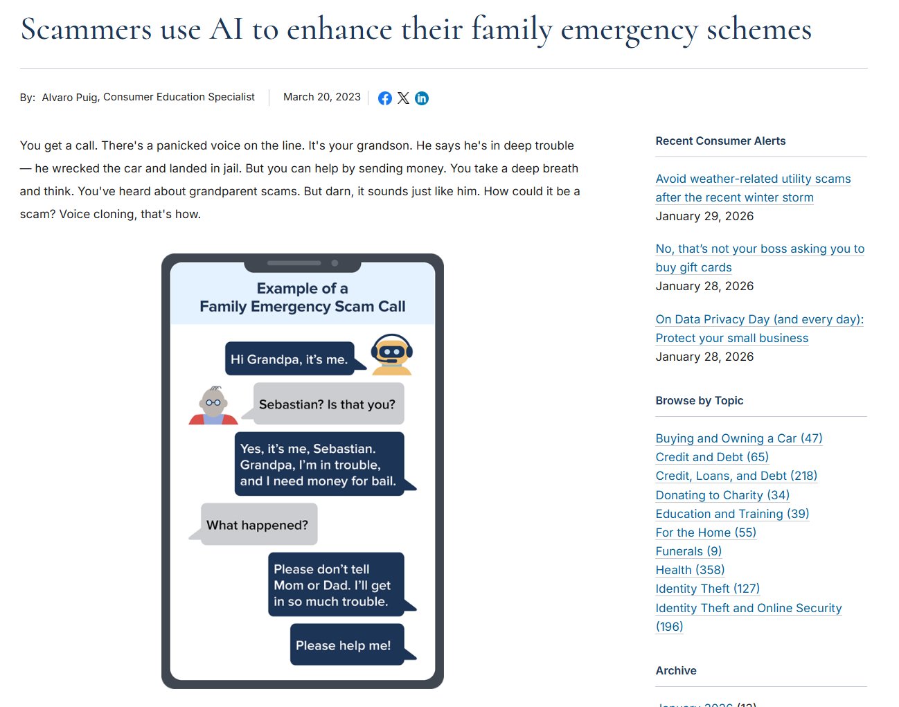 FTCの注意喚起:Scammers use AI to enhance their family emergency schemes