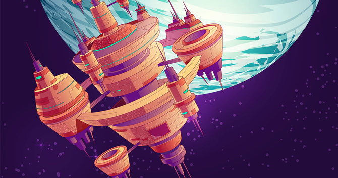 惑星とスペースコロニーのイラスト