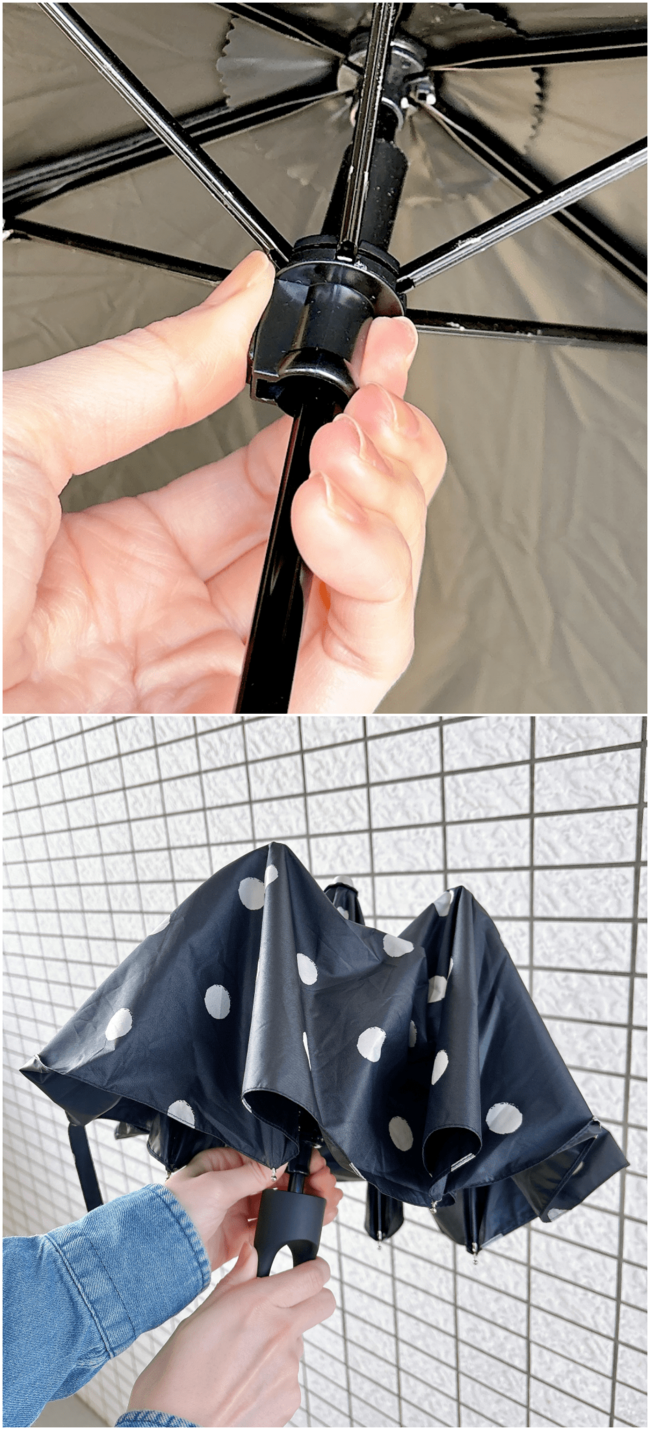日差しが強い日も安心…!3COINSの「光とUVをカットする折りたたみ傘」体をすっぽり覆ってくれてありがたい!