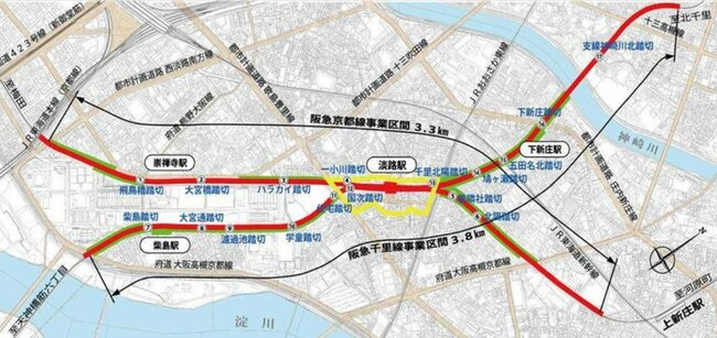 淡路駅の高架化では17カ所の踏切が除去され、ダイヤの安定により混雑の解消が期待される