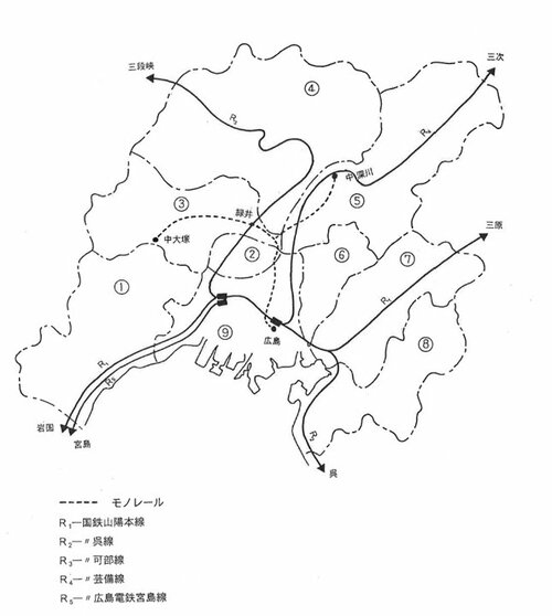 広島都市圏高速大量輸送機関基本構想(1973年)モノレール案(広島新交通システム建設誌より抜粋)
