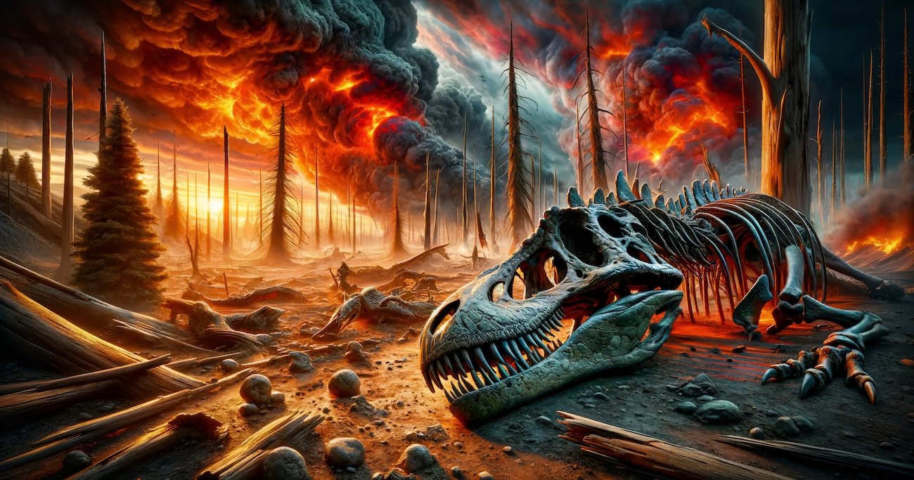 森が燃えている様子と恐竜の骨