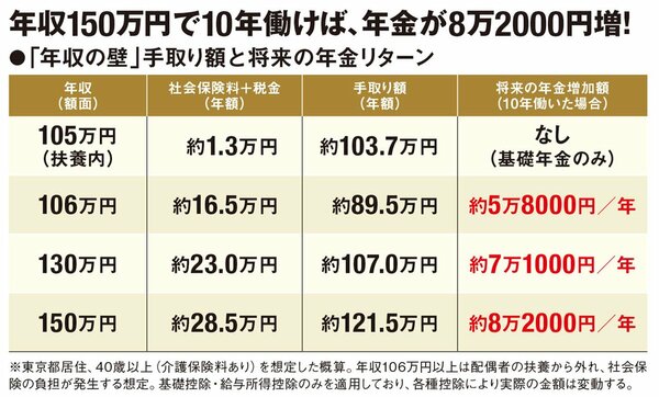 「年収の壁」手取り額と将来の年金リターン