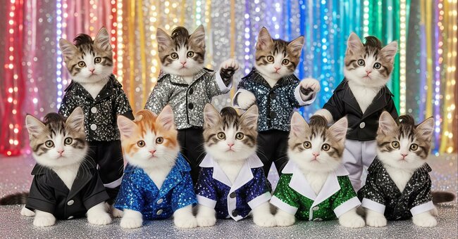 アイドルのような格好をした猫9匹の画像