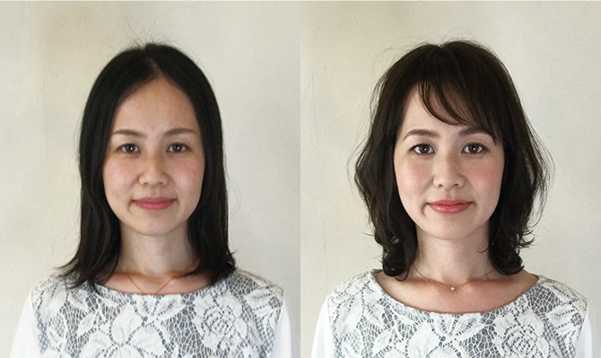 【大人の激変ヘアメイク】<br />ひし形シルエットと<br />コントロールカラーW使いで<br />マイナス5歳見え!