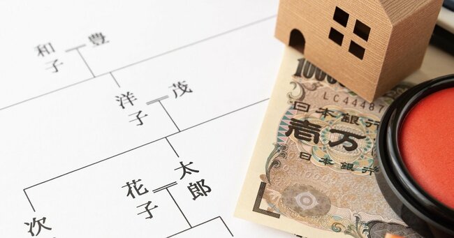 写真：家系図と家と1万円札