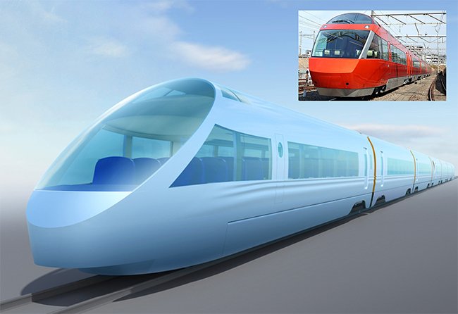 「80000形」の先頭車イメージ。右上は70000形「GSE」（小田急プレスリリース画像と公式ウェブサイト画像を合成）