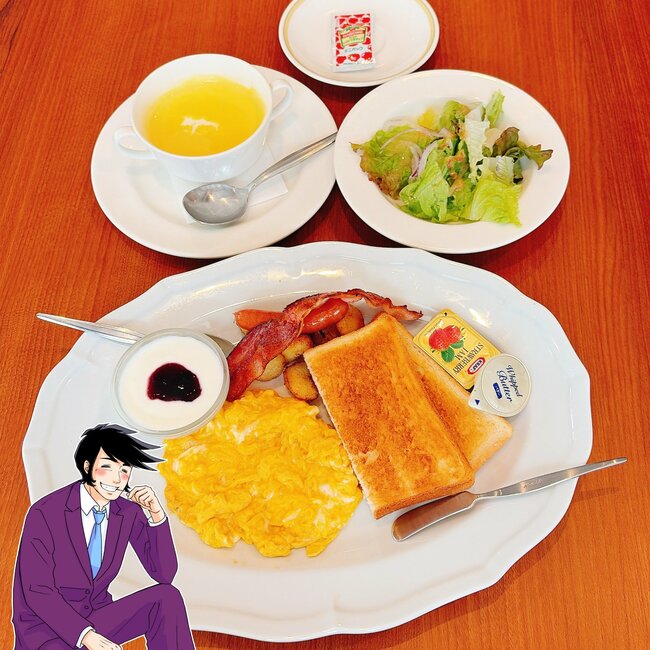 「朝からお腹いっぱい」「最高でした」ロイヤルホストの“盛りだくさんモーニング”スープとデザートも付いて豪華すぎる！「ホテルの朝食みたいで好き」