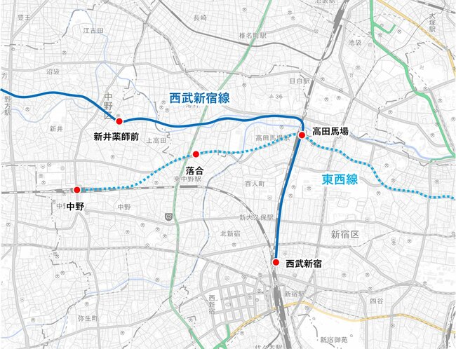 新宿線と東西線の位置関係
