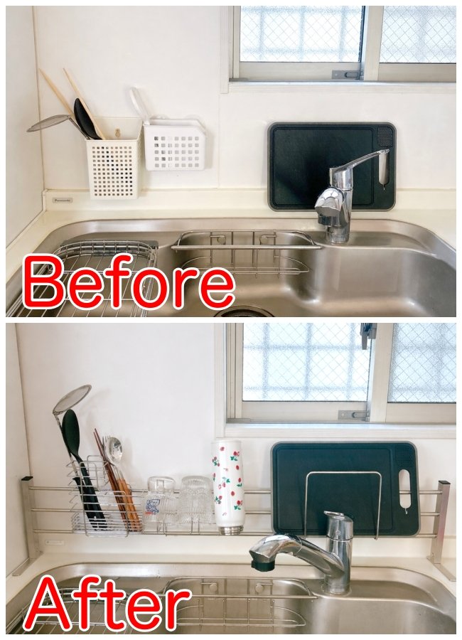 シンクの奥に置けちゃった!ニトリの「浮かせるキッチン収納」が画期的すぎる…!水筒やまな板もスッキリ片付きます!