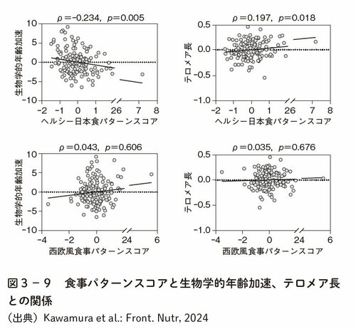 図表6:食事パターンスコアと生物学的年齢加速、テロメア長との関係