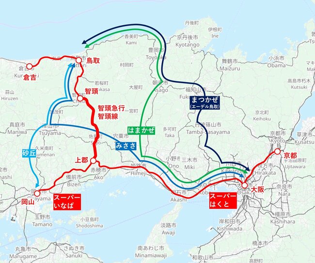 大阪～鳥取間にはさまざまな経路の優等列車が運行されていた（オープンストリートマップで作成）