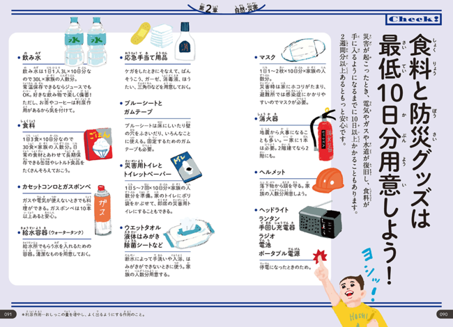 『いのちをまもる図鑑』では、必須で用意しておくべき防災グッズをリストで紹介している。