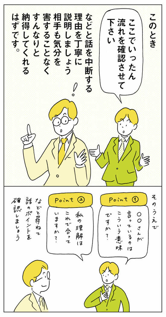 それに加えて、「ここでいったん流れを確認させてください」と理由もきちんと説明しましょう。相手もすんなりと納得してくれるはずです。