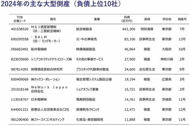 図表：2024年の主な大型倒産（負債上位10社）