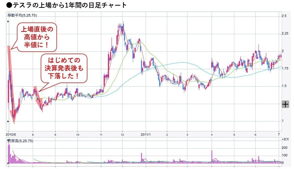 テスラの上場から1年間の日足チャート