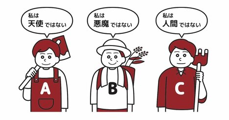 【思考力チェック！】天使は必ず真実を言い、悪魔は必ず嘘をつき、人間はランダムに真実や嘘を言う。A「私は天使ではない」、B「私は悪魔ではない」、C「私は人間ではない」。それぞれの正体は？