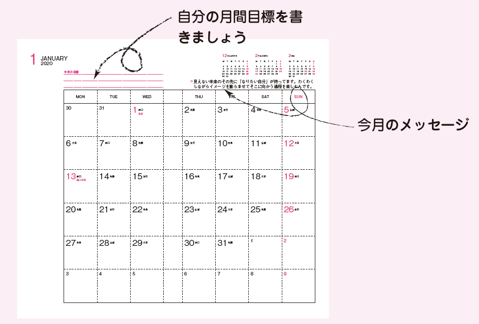 定番のレフト式スケジュール欄に目標達成のための仕掛けあり!