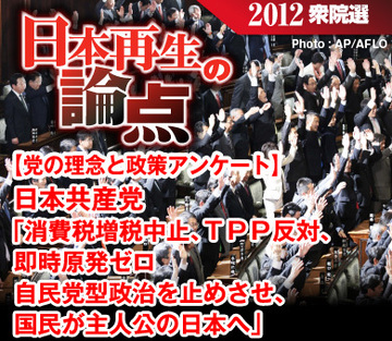 【党の理念と政策アンケート】日本共産党「消費税増税中止、ＴＰＰ反対、即時原発ゼロ自民党型政治を止めさせ、国民が主人公の日本へ」