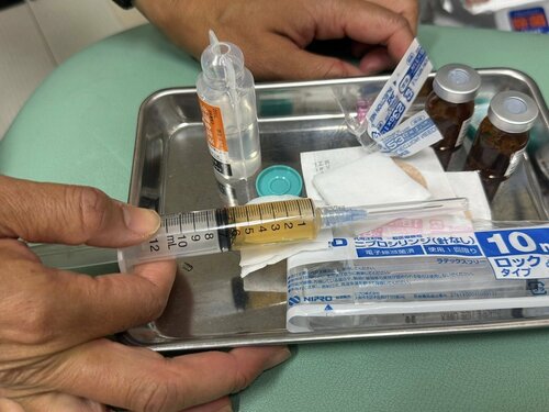 生理食塩水で溶いて、患部へブスッと注入します。針が太くてビビります