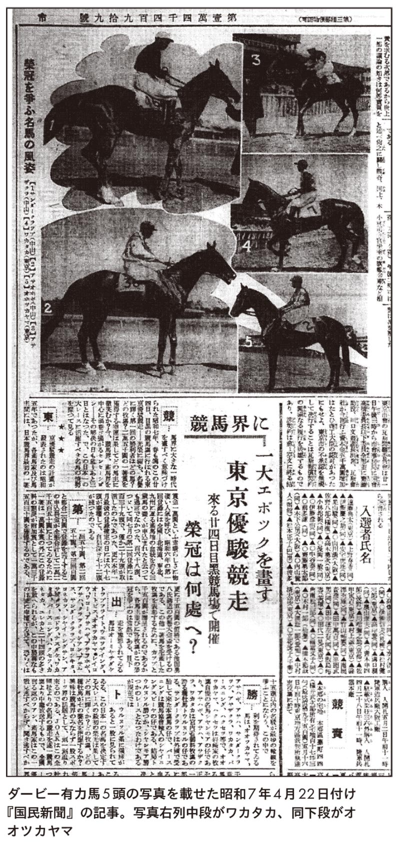 ダービー有力馬5頭の写真を載せた昭和7年4月22日付け『国民新聞』の記事。写真右列中段がワカタカ、同下段がオオツカヤマ
