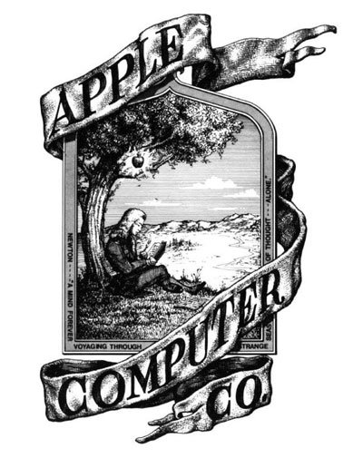 創業メンバーの１人だったロナルド・ウェインが1976年にデザインした最初のAppleロゴ。しかし、翌1977年の法人化とともにジョブズは現在に続く洗練されたデザインへの傾倒を深め、それに合わせて有名なレインボーのAppleロゴへと切り替えた