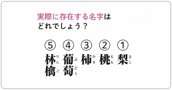 実際に存在する名字はどれでしょう？（1）梨（2）桃（3）柿（4）葡萄（5）林檎